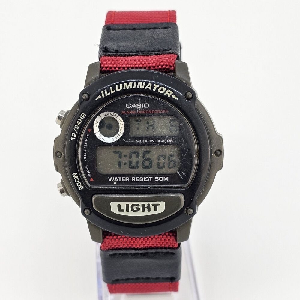 VTG Men's Casio Digital Watch 44MM Gray Case New Red Black Canvas Bands
